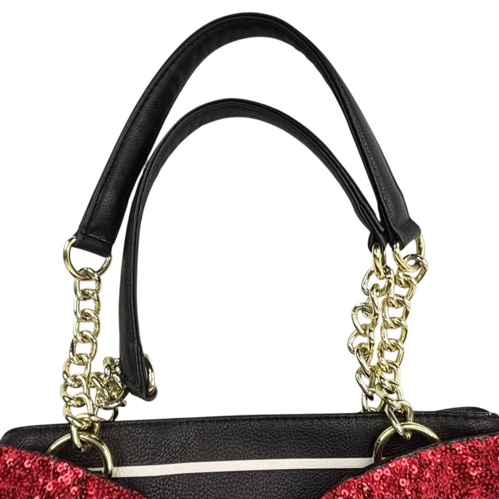 Betsey Johnson Black & White Stripe Red Sequin Glitter Bow Snap Close Tote Purse - Picture 3 of 13
